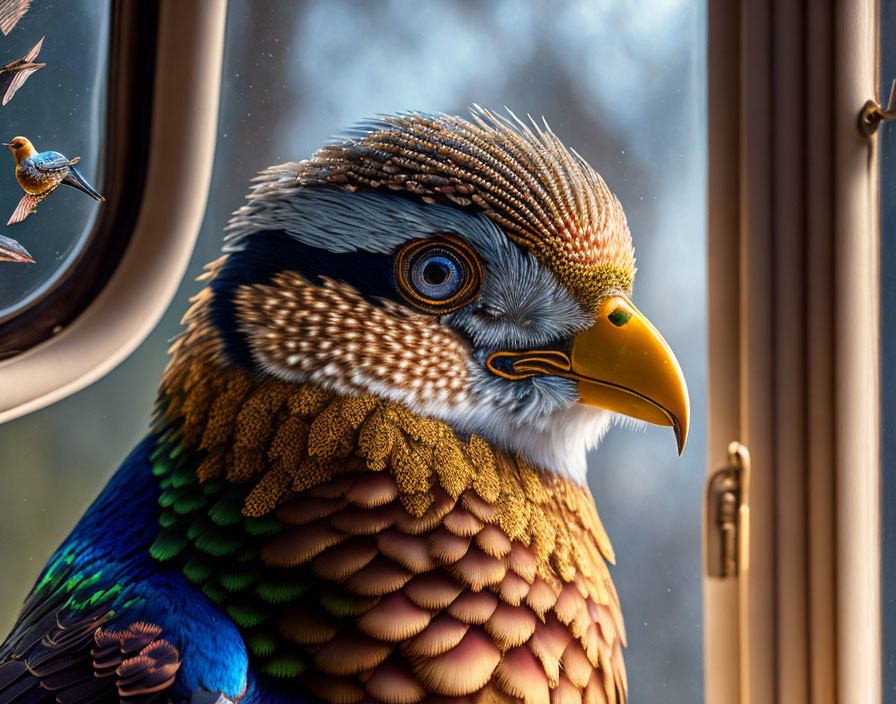 Colorful Bird with Intricate Feathers and Yellow Beak Beside Window