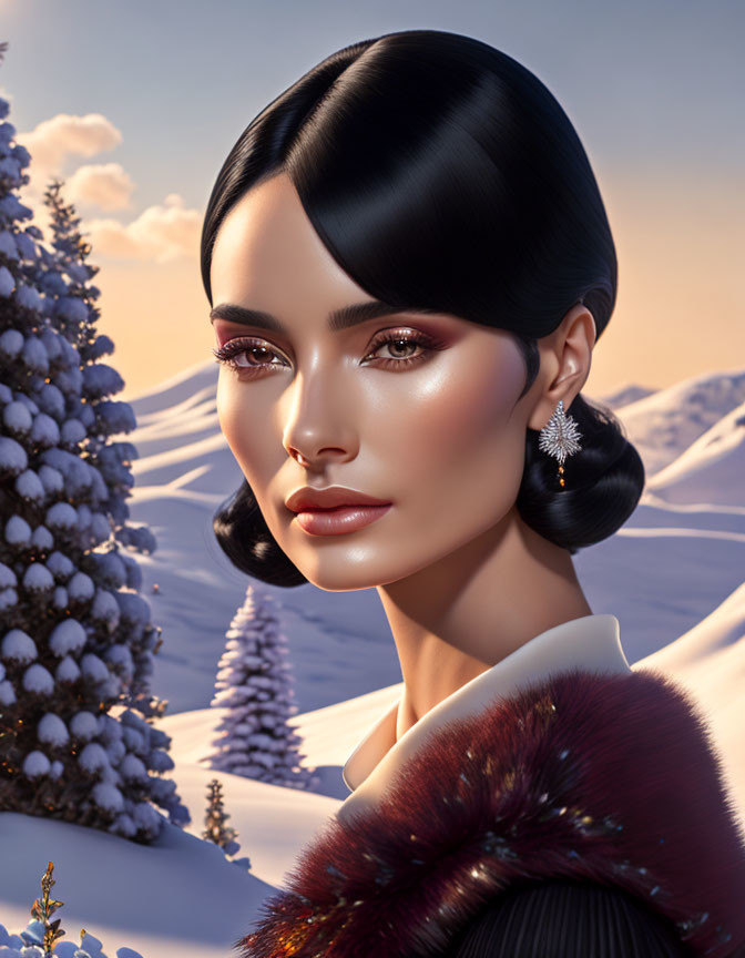 Elegant woman portrait with black hair, fur, snowy landscape