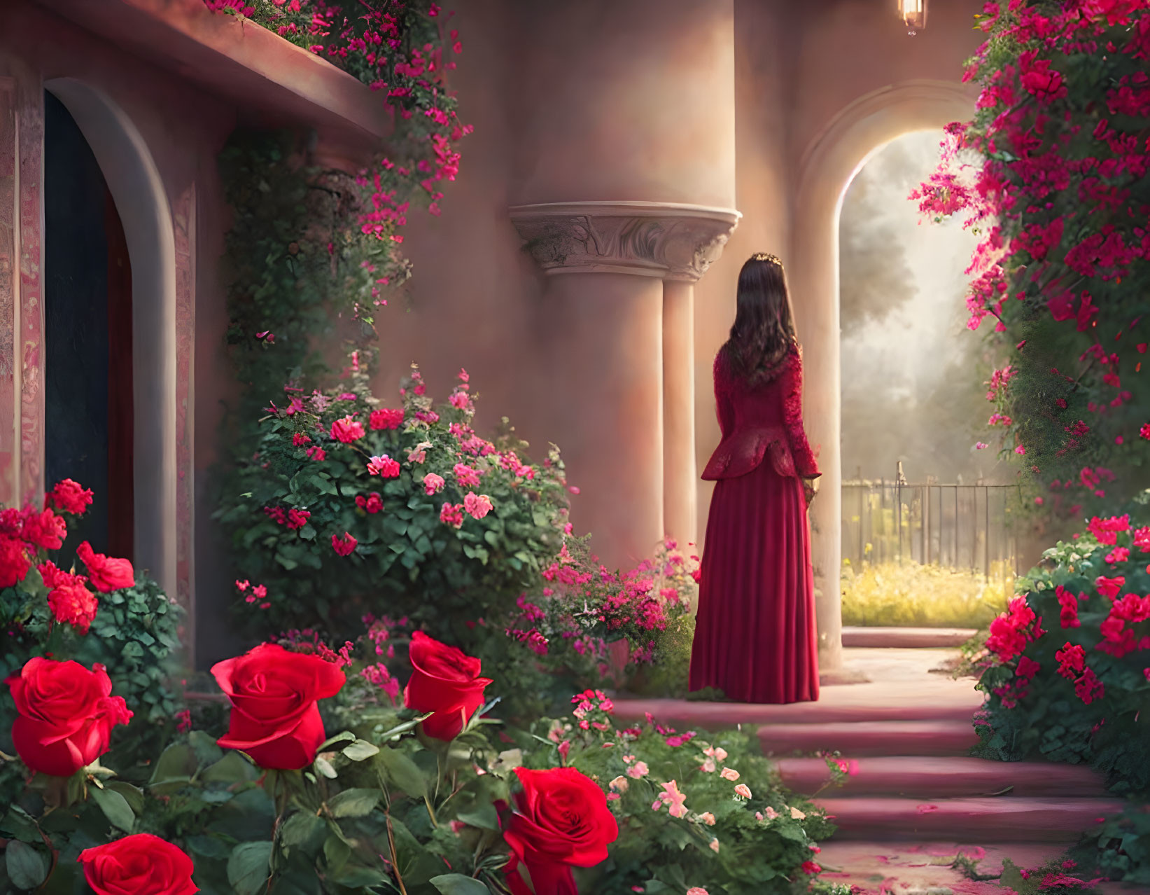 Woman in Red Dress in Lush Rose Garden with Archway