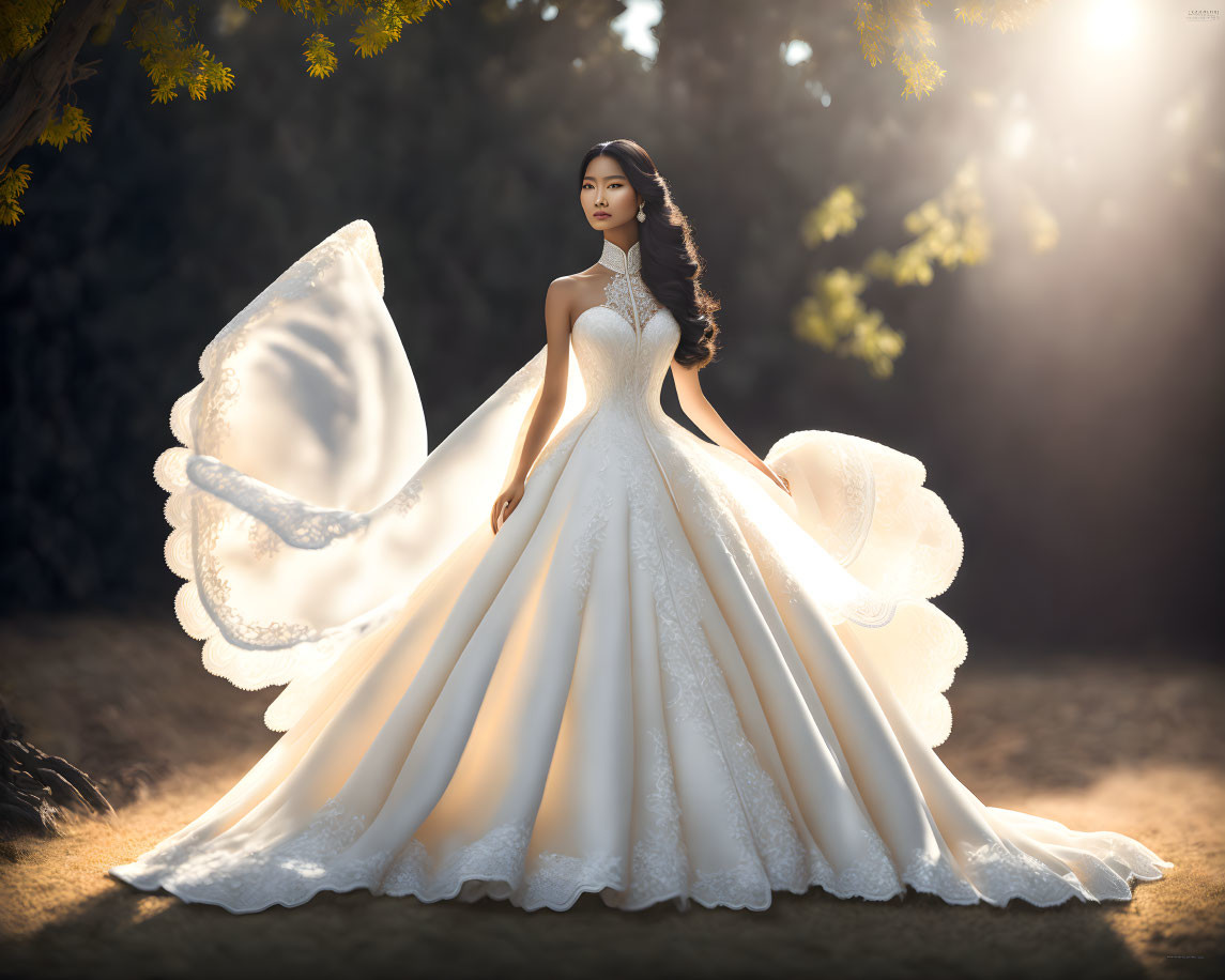 Bridal gown with flared skirt and long train under tree with sunlight