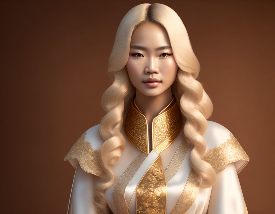 Blonde woman with Asian features in white and gold outfit