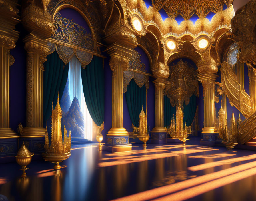 Intricate Golden Hall with Blue Curtains and Warm Glow