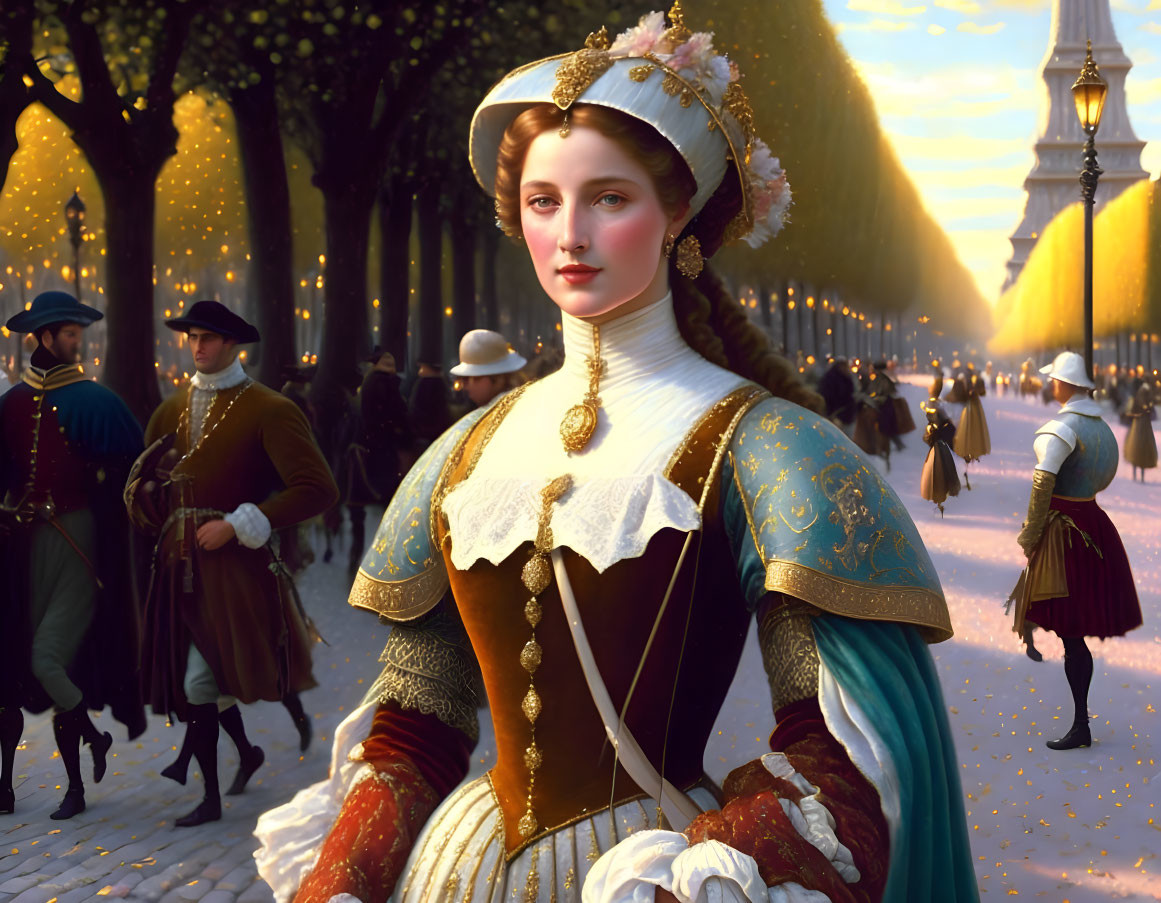 Historical woman on elegant promenade with men in period clothing