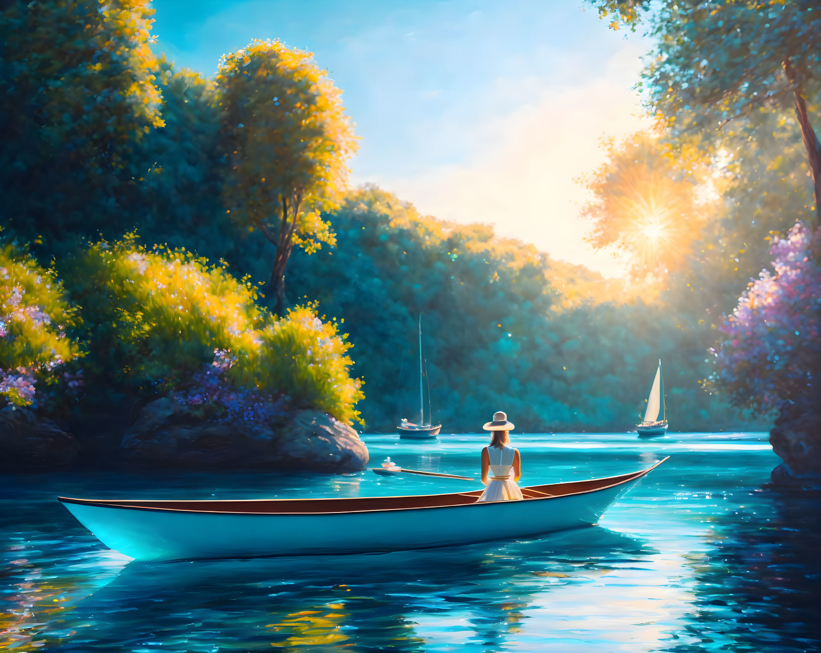 Tranquil scene: person in white boat on calm river with sunlit foliage.