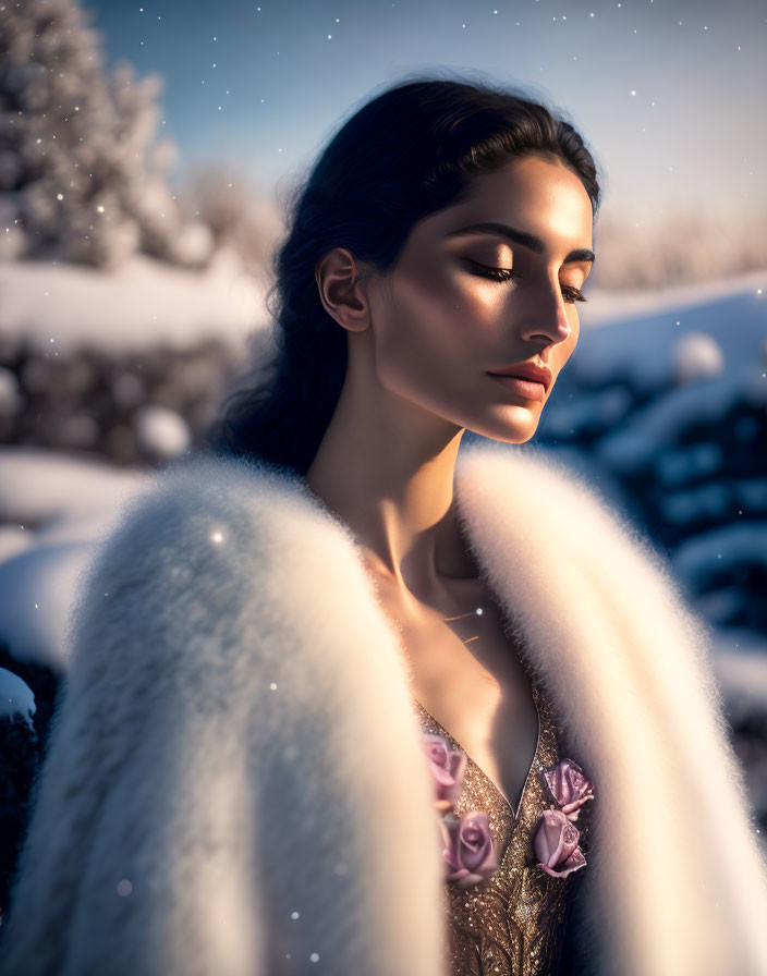 Woman in White Fur Coat Standing in Snowy Scene