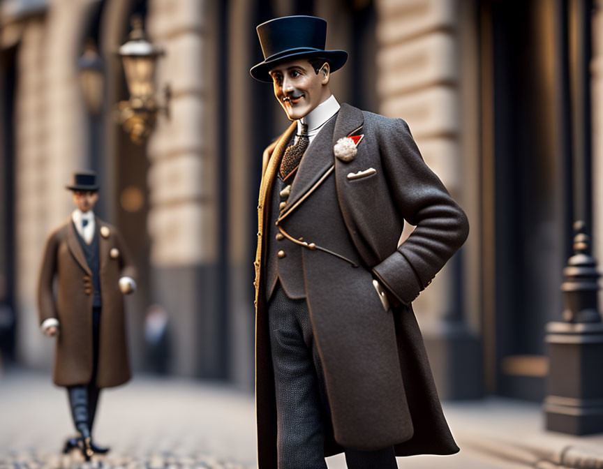 Stylish man in vintage suit and top hat with miniature version in city alley