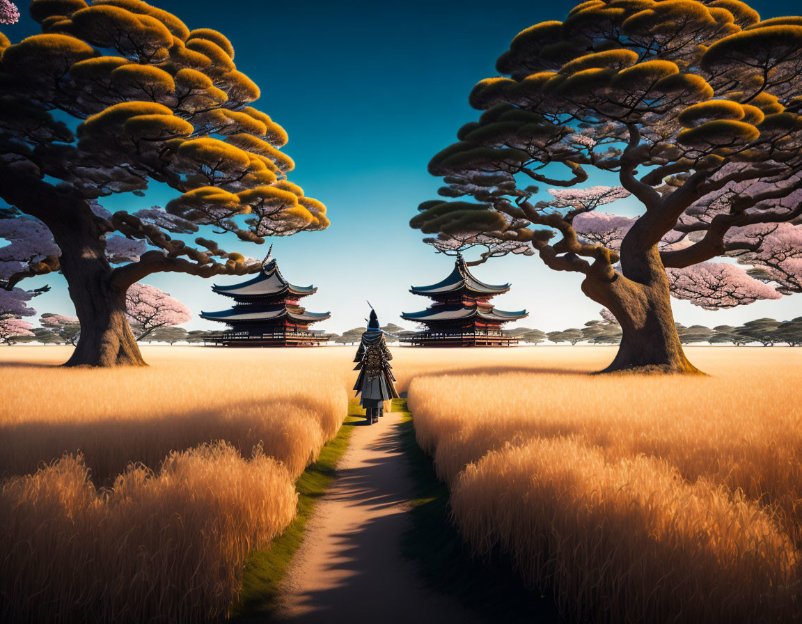 Tranquil path through golden fields to tiered traditional buildings