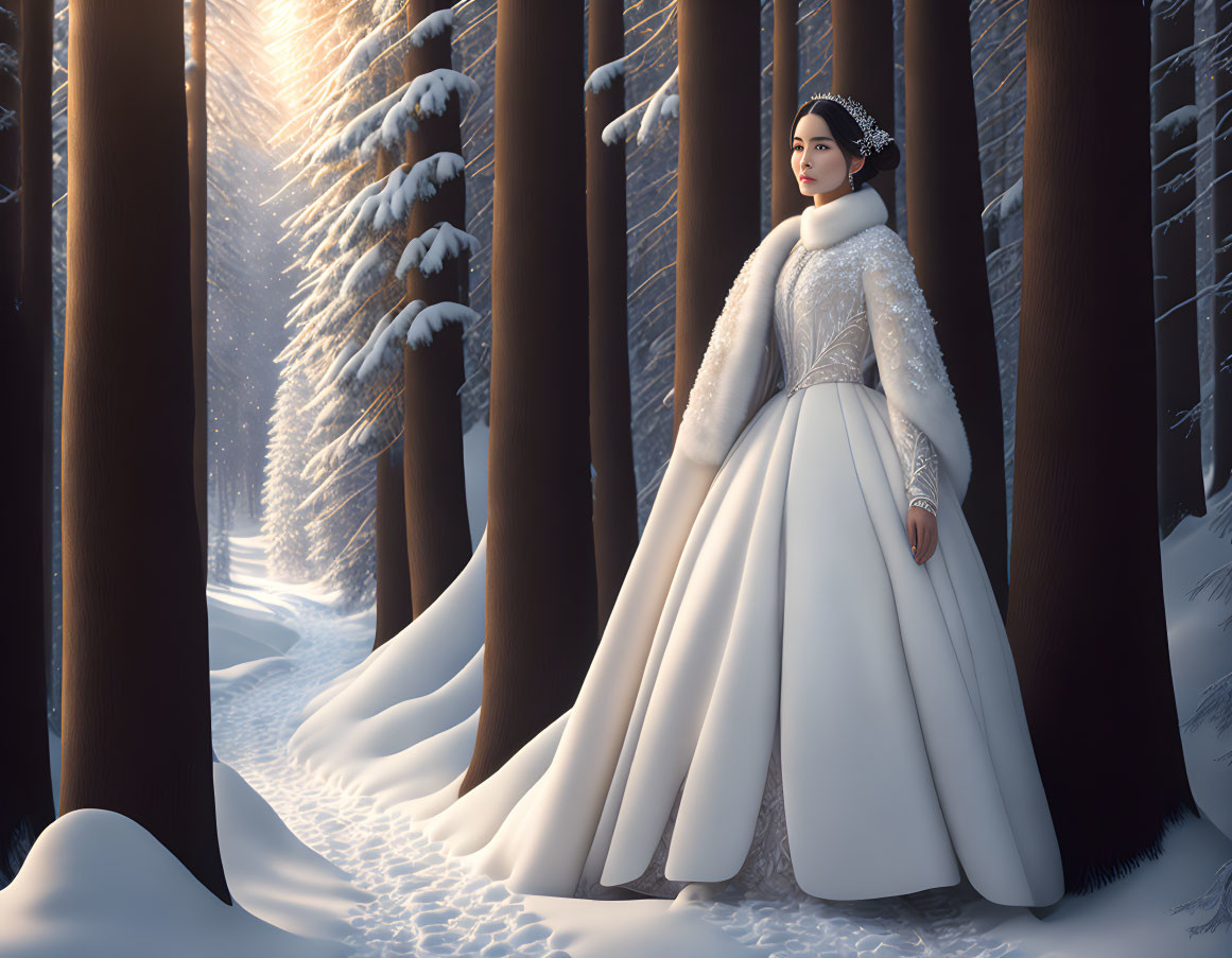 Woman in white gown in snowy forest with sunlight filtering through trees