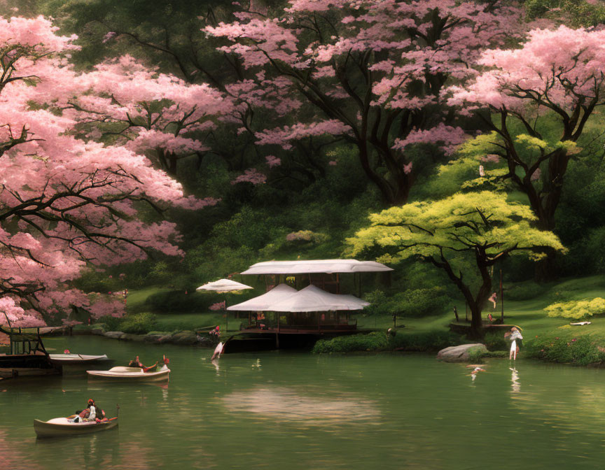 Scenic boating under cherry blossoms near traditional pavilion.