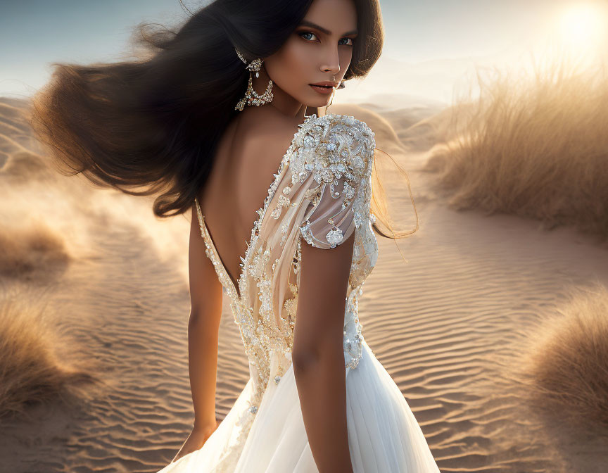 Elaborate White Gown Woman Standing in Desert Landscape