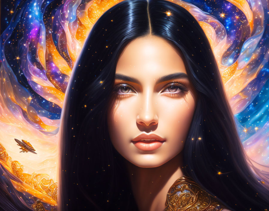 Detailed digital portrait of a woman with dark hair against vibrant cosmic background