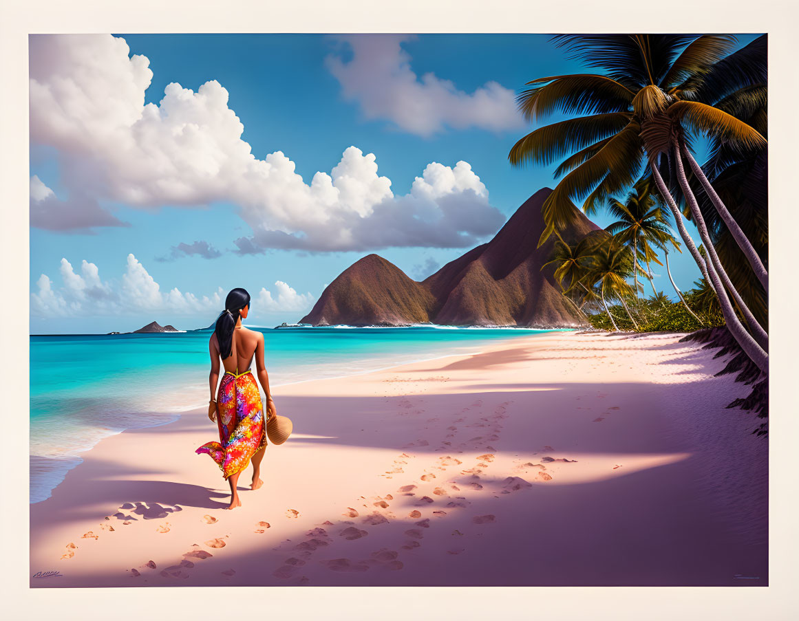 Woman in colorful dress on pink sand beach with palm trees and turquoise waters