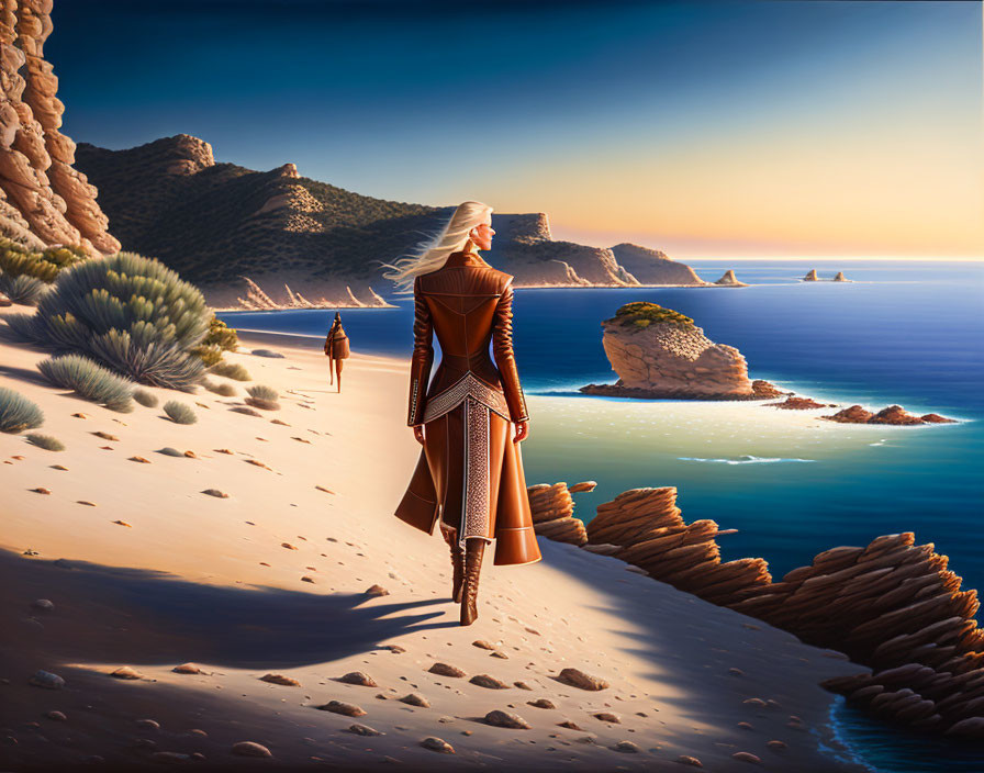 Stylized figure in coat gazes at sea from desert coast