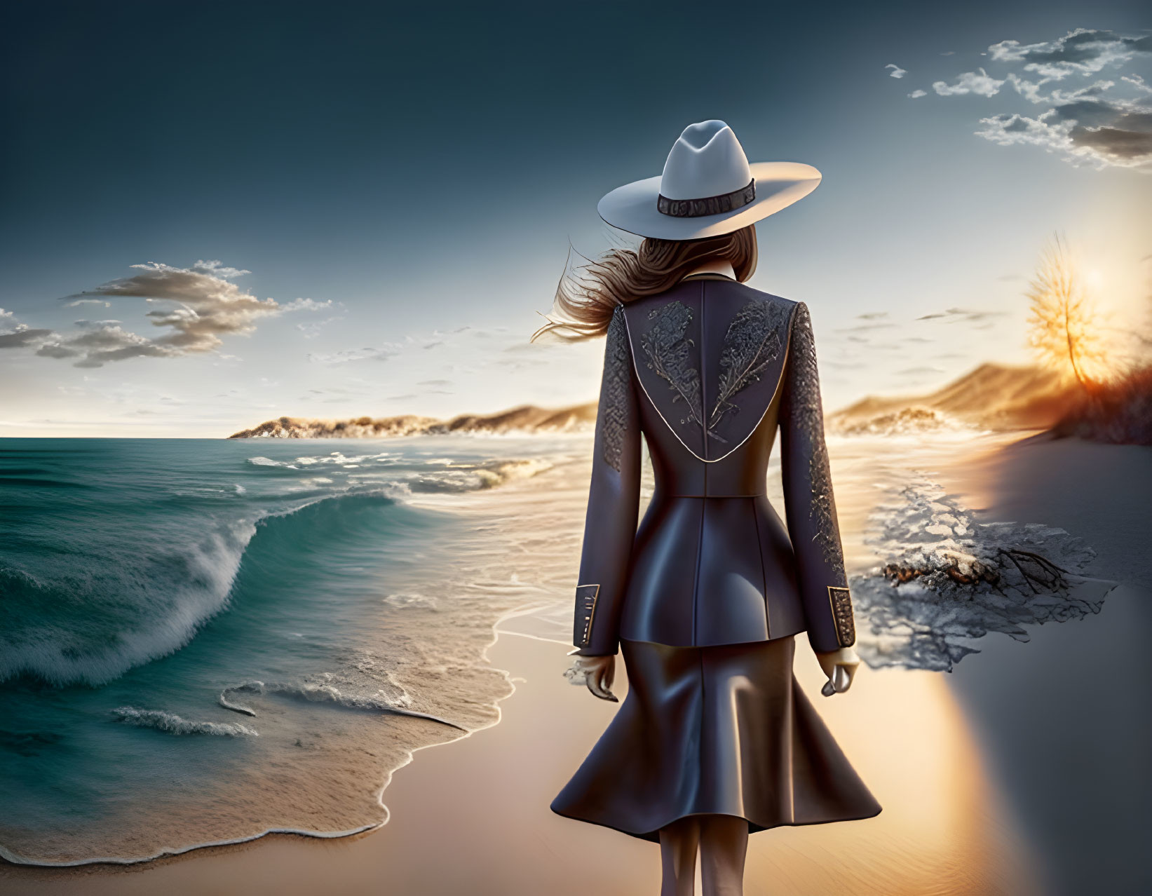 Stylish figure in coat and hat on beach at sunset