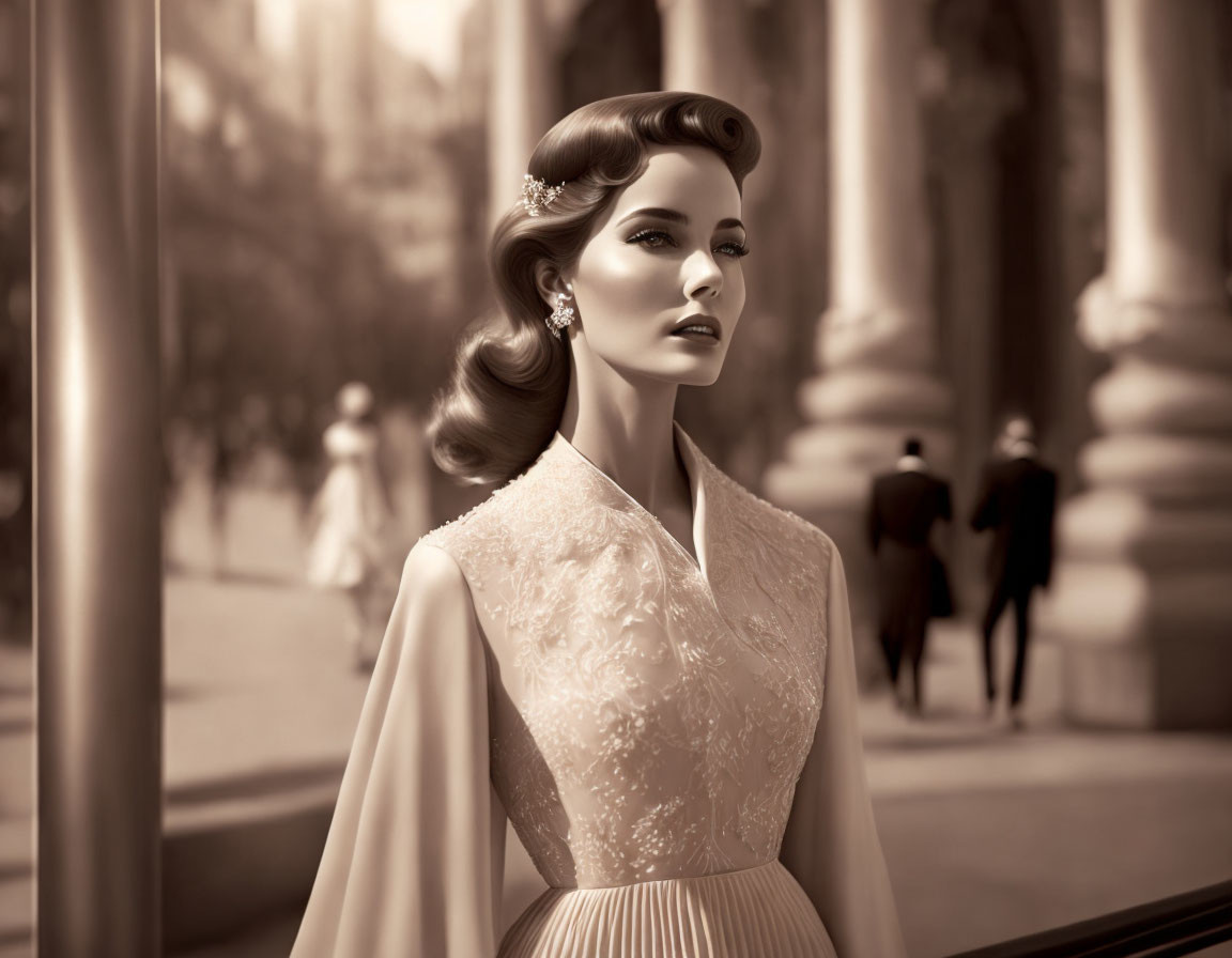 Sepia-Toned Image of Woman in Vintage Attire by Classical Columns