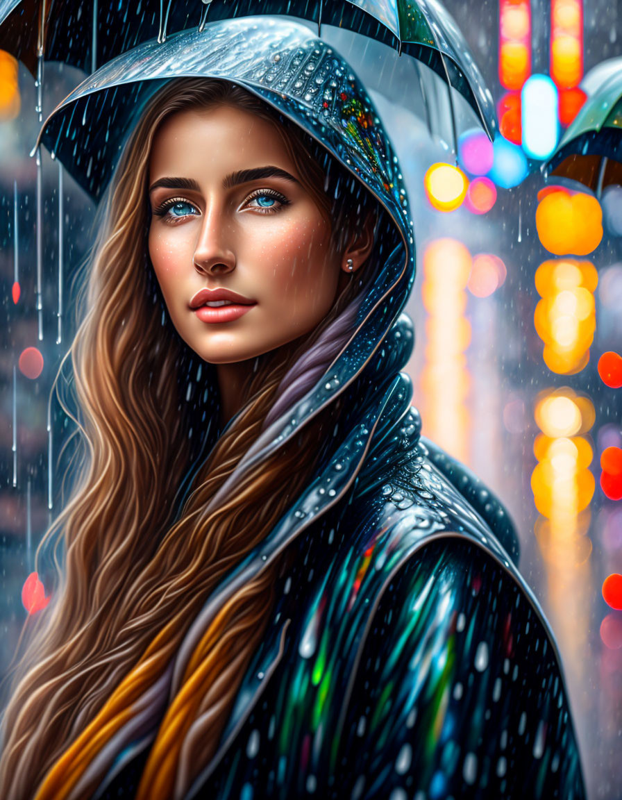 Digital artwork: Woman with blue eyes and umbrella in rainy cityscape