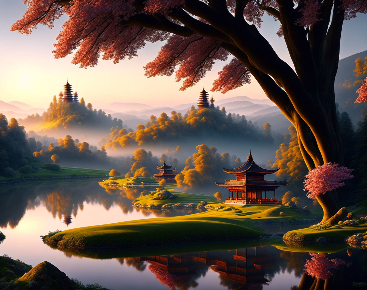 Tranquil Asian architecture by still lake, cherry blossoms, hills, sunset