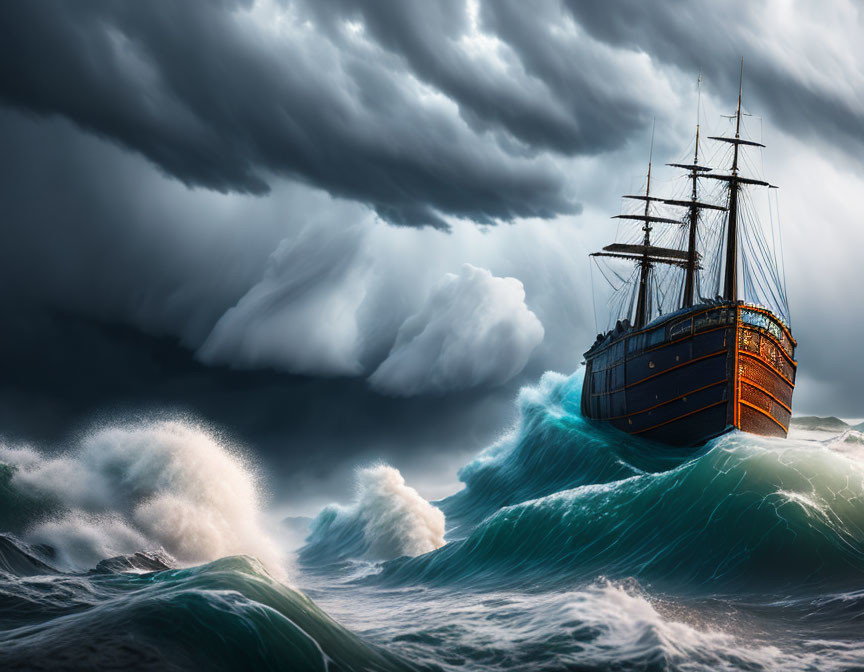 Sailing ship in stormy seas with towering waves and dark clouds