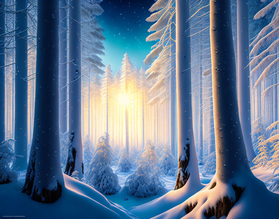 Winter forest with tall trees and sunrays under starry sky