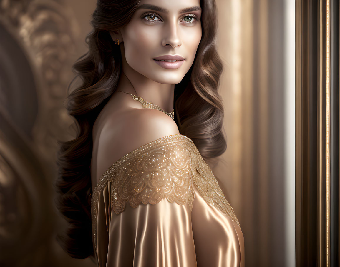 Elegant woman in golden off-shoulder dress with wavy hair