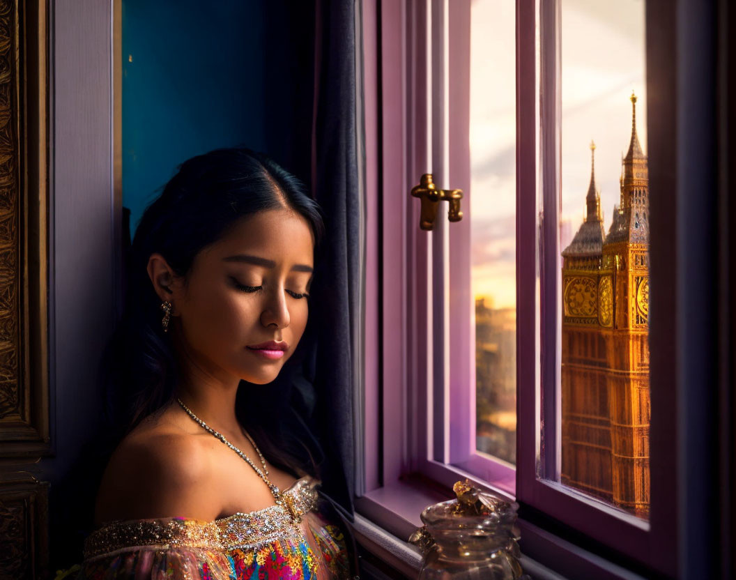 Woman looking out window with view of Big Ben at sunset