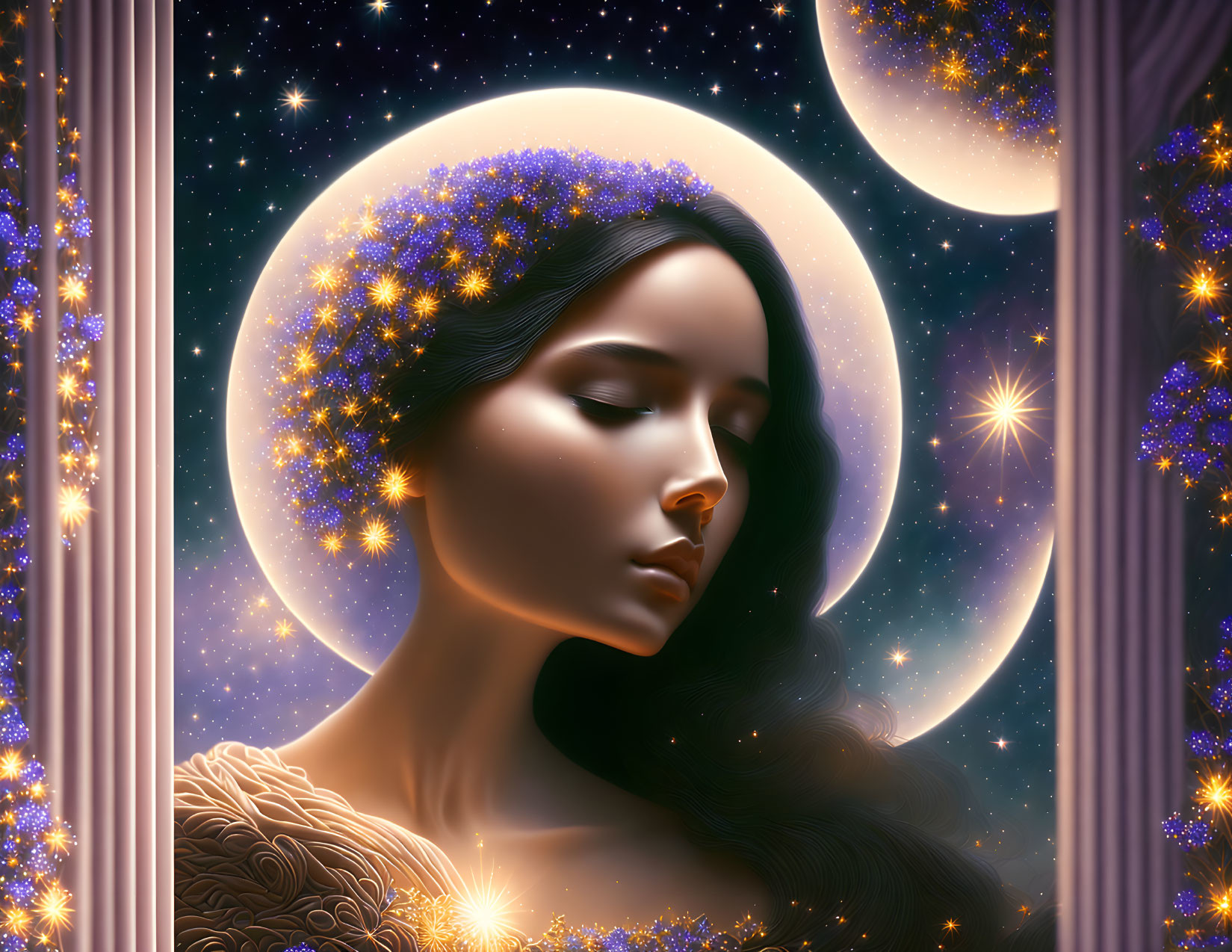 Woman's profile with starry flowers in hair against cosmic backdrop