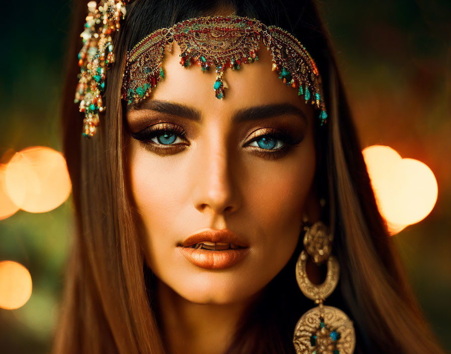 Woman with Striking Makeup and Intricate Jewelry Against Warm Background