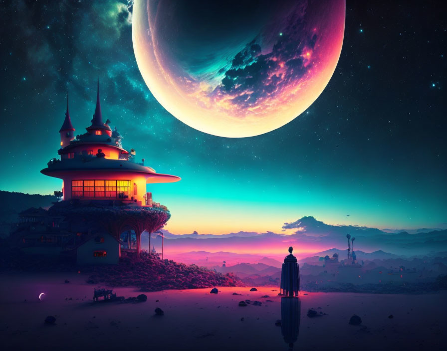 Person on alien terrain gazes at large planet in futuristic scene with neon-lit house.