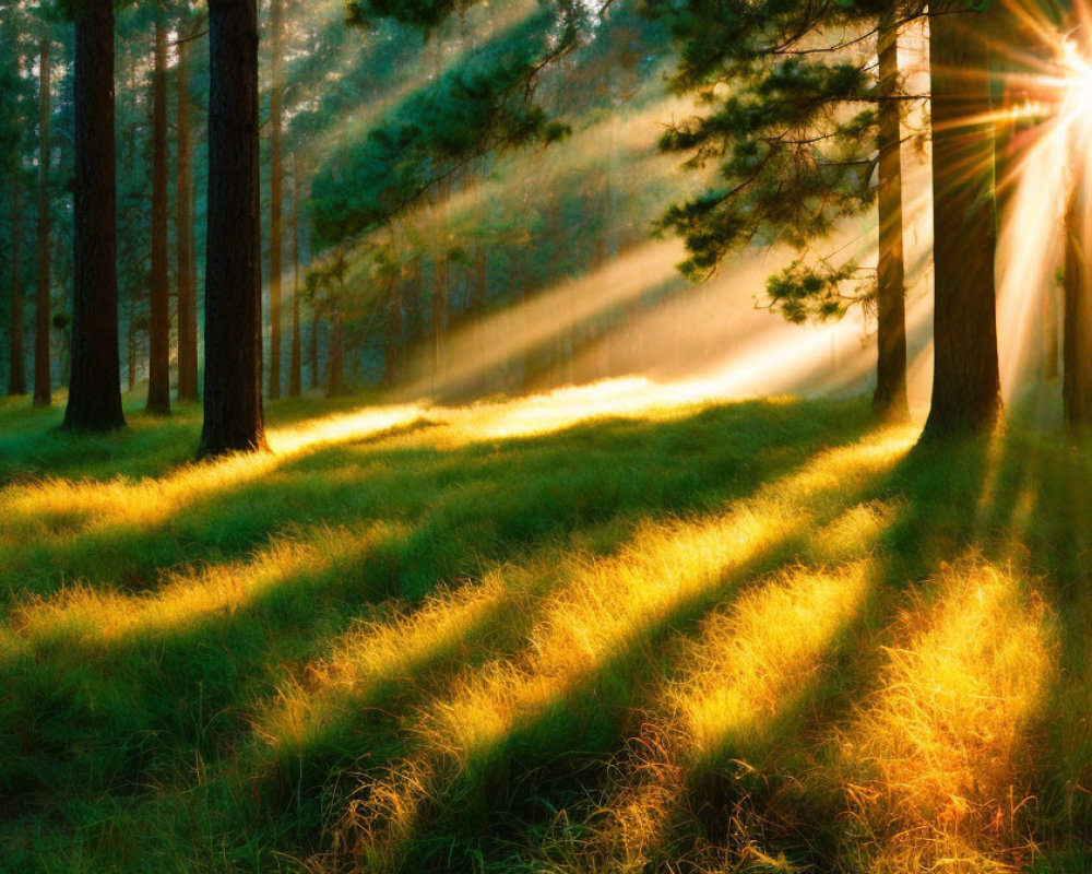 Sunbeams through tall pine trees casting shadows at sunrise or sunset