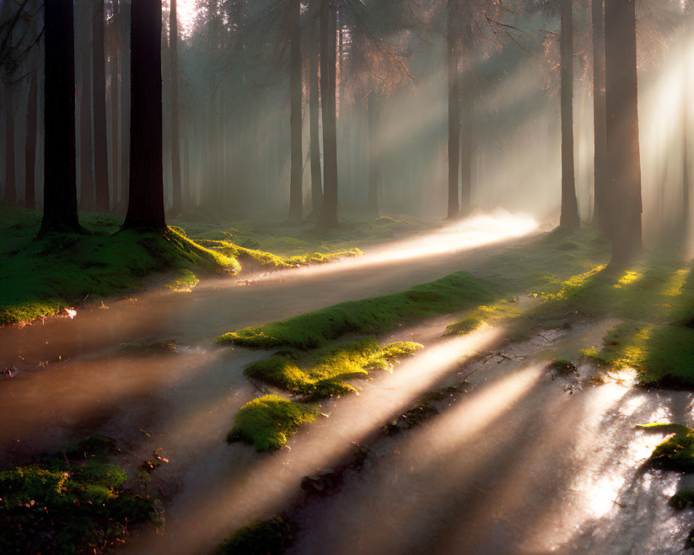 Misty forest with sunbeams on mossy ground and wet path