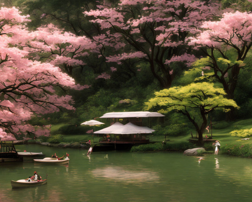 Scenic boating under cherry blossoms near traditional pavilion.