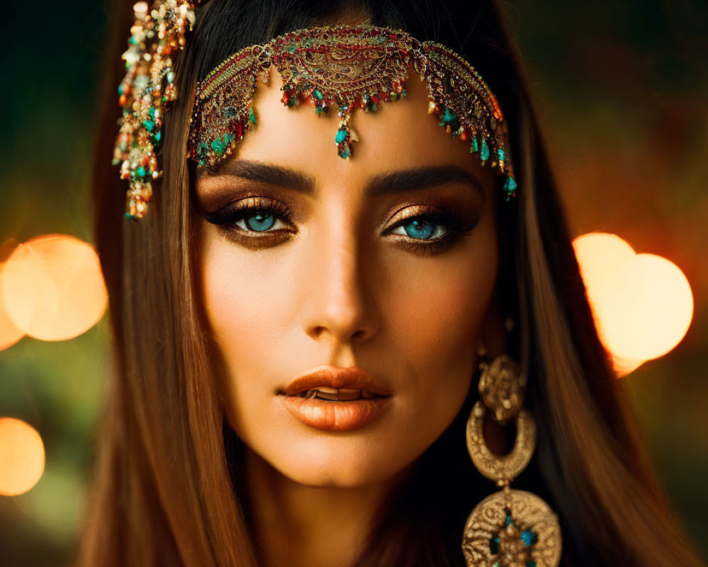 Woman with Striking Makeup and Intricate Jewelry Against Warm Background