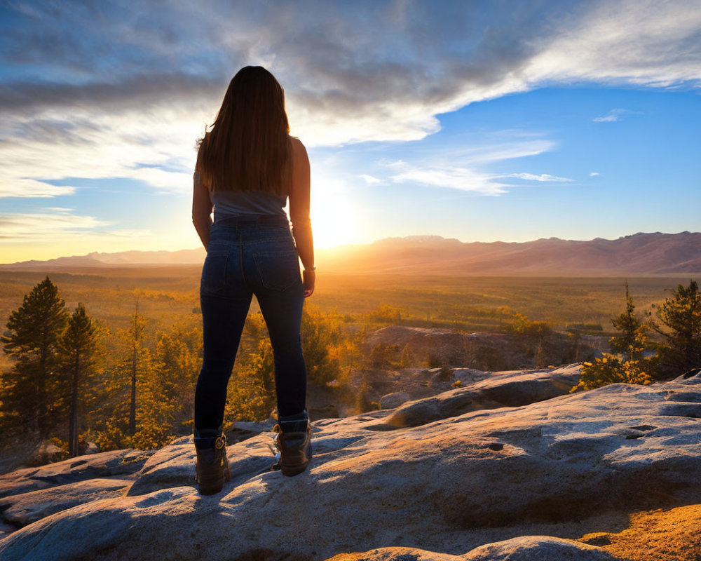 Person overlooking forested valley at sunrise