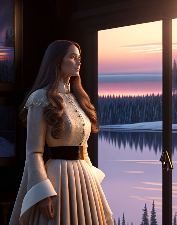 Woman in elegant dress gazes at sunset over forested landscape