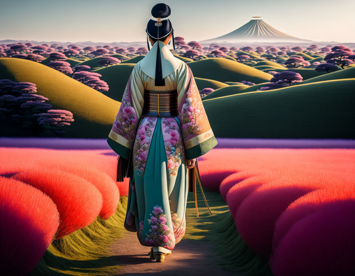 Stylized Japanese attire person overlooking surreal landscape