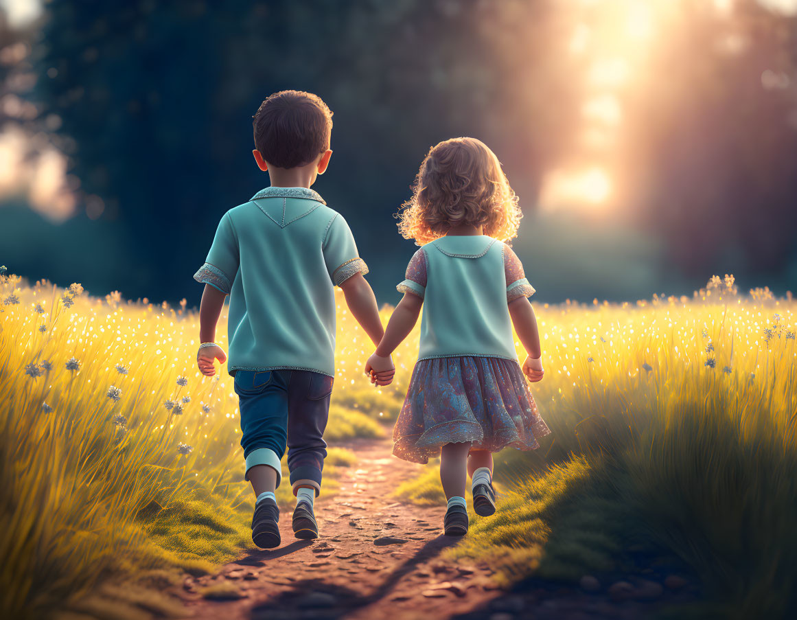 Children walking hand in hand on sunlit path among grass and flowers