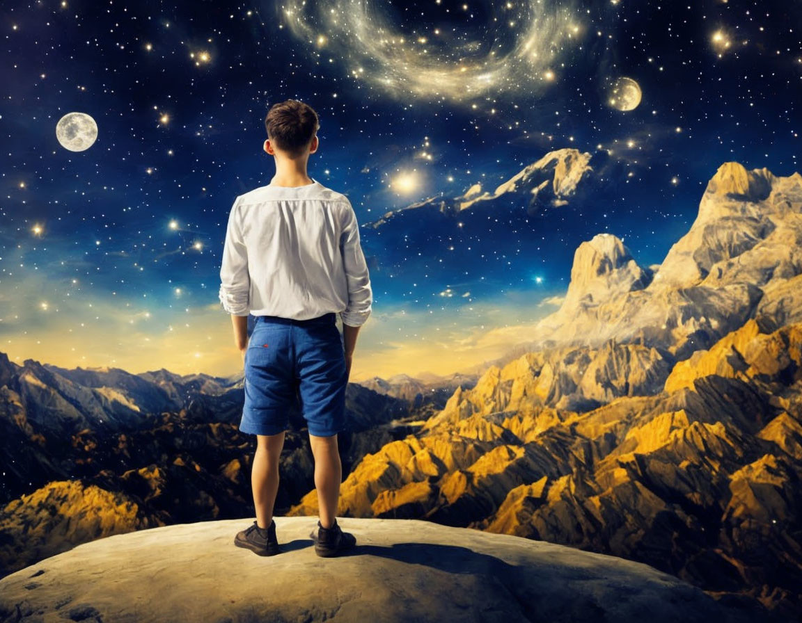 Person on mountain peak gazes at surreal night sky with multiple moons, stars, and galaxy