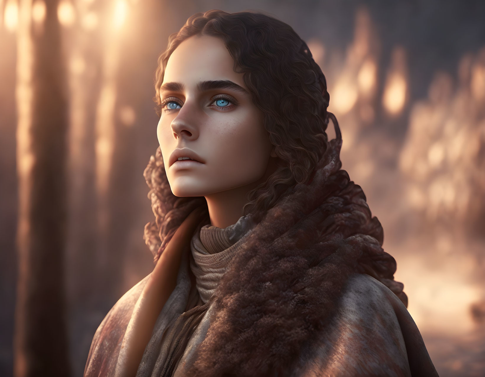 Digital artwork featuring person with blue eyes, curly hair, fur cloak in warm wooded setting