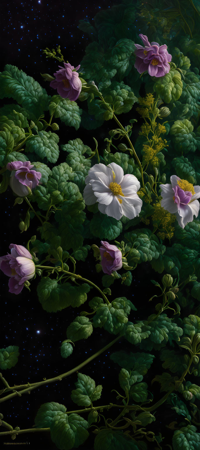 Illustration of Blooming Flowers in Night Garden