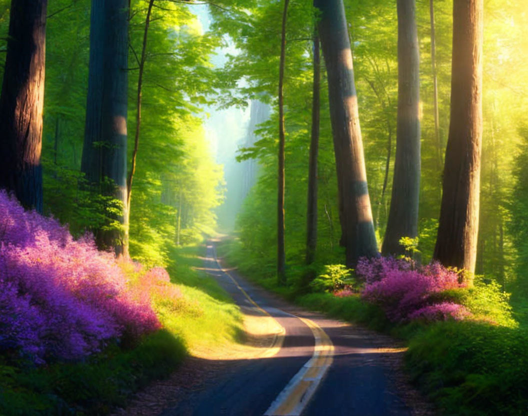 Sun-dappled forest with winding road and purple flowers