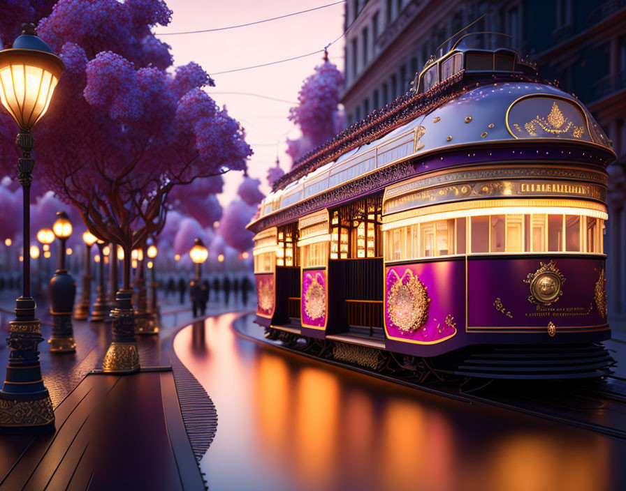 Vintage Tram Glows on City Street at Twilight