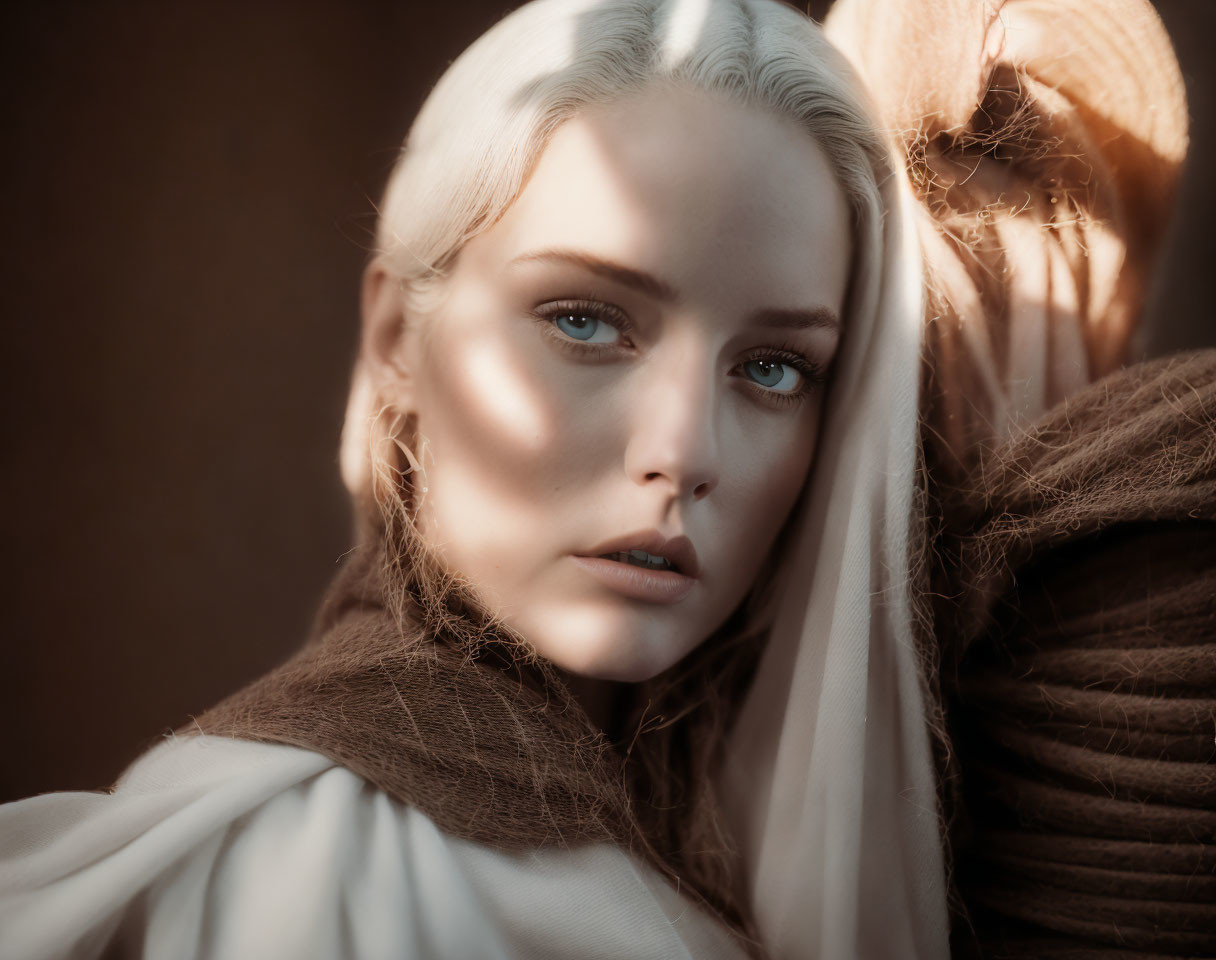 Portrait of woman with pale skin and blue eyes in cream headscarf and brown garment.