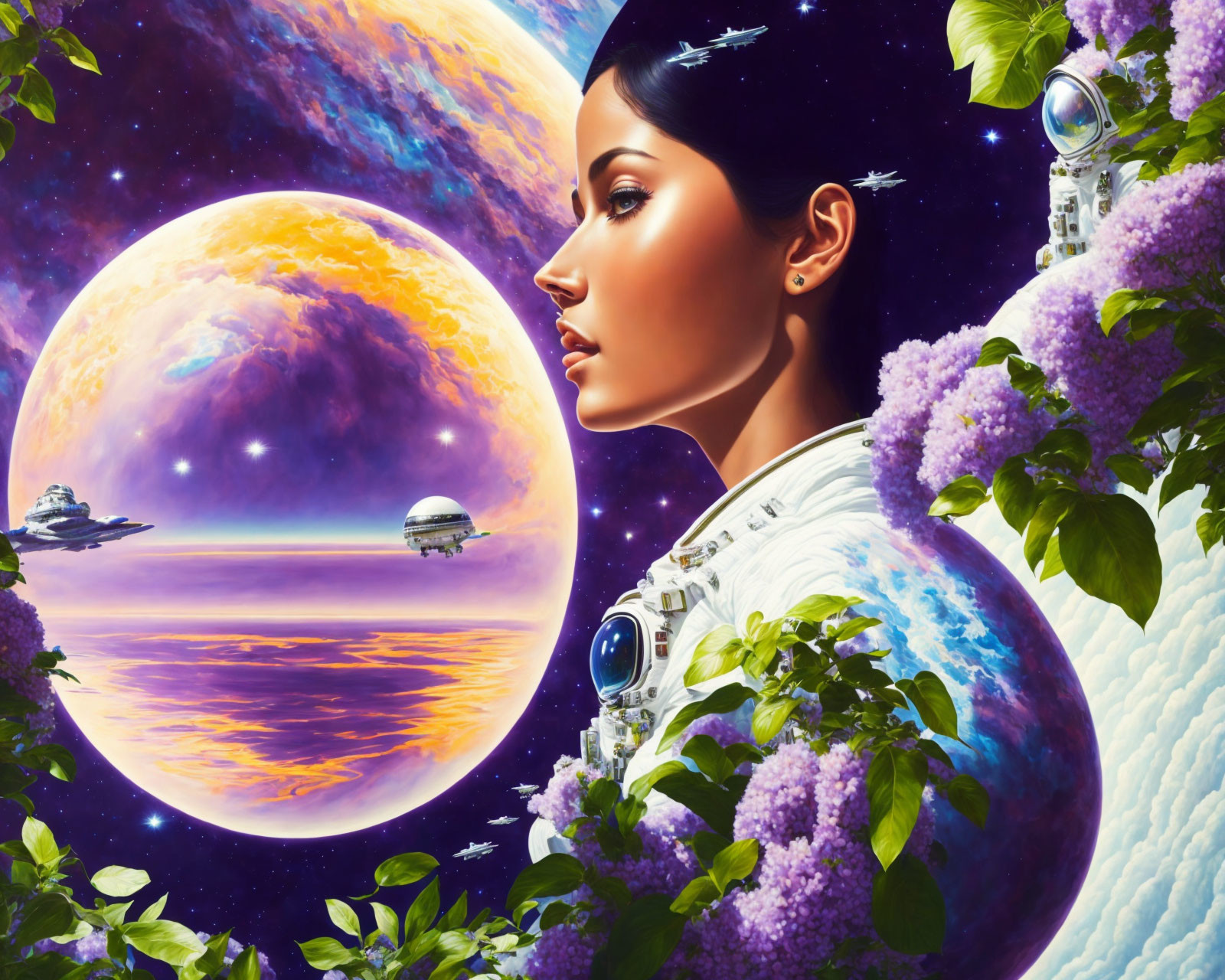 Woman's side profile with cosmic background: vibrant planets, spaceships, and space flora.