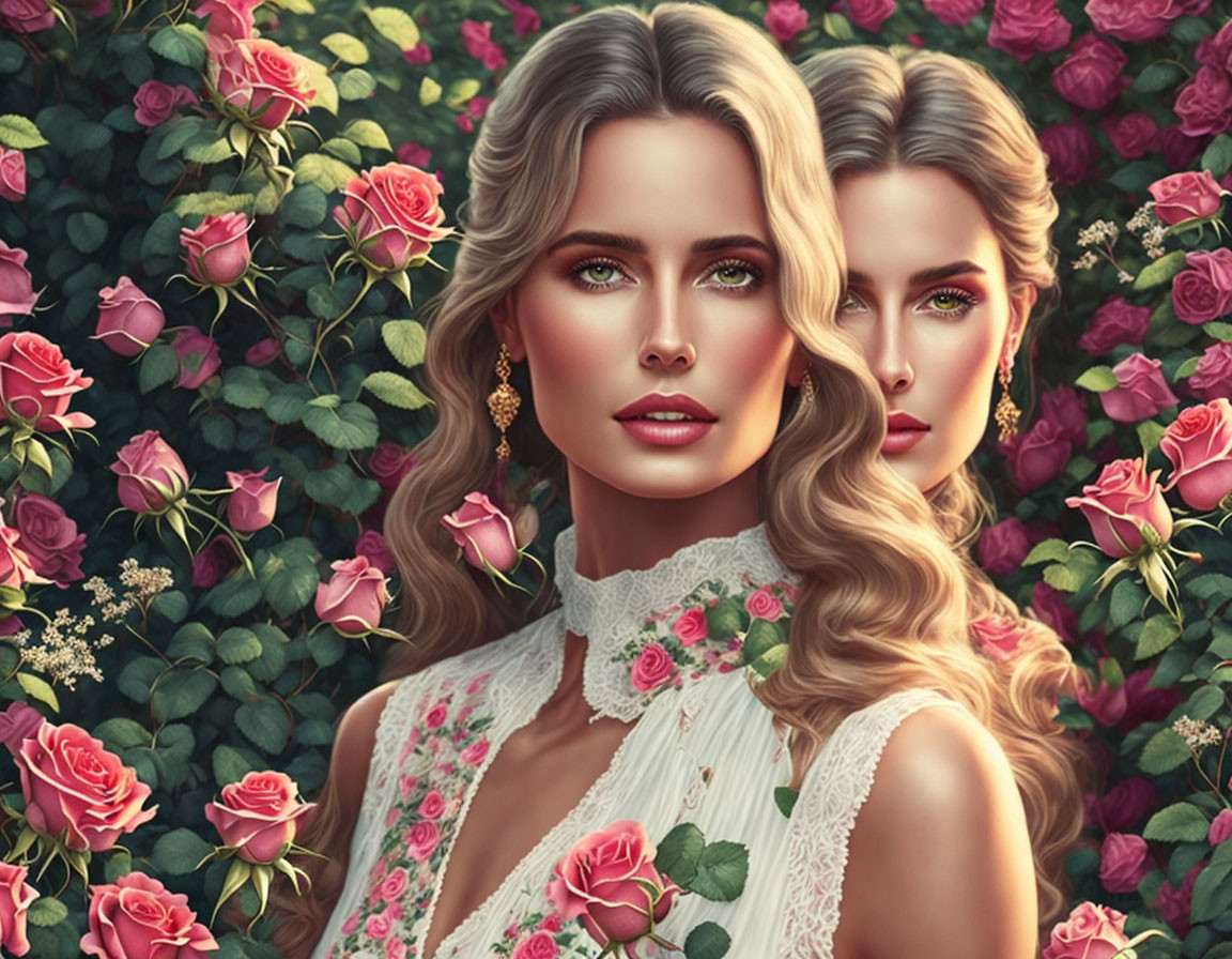 Blonde women surrounded by pink roses in profile and facing forward