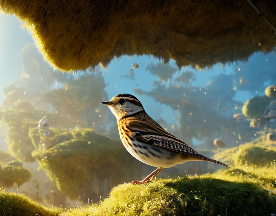 Sparrow on moss under foliage with sunlight glow