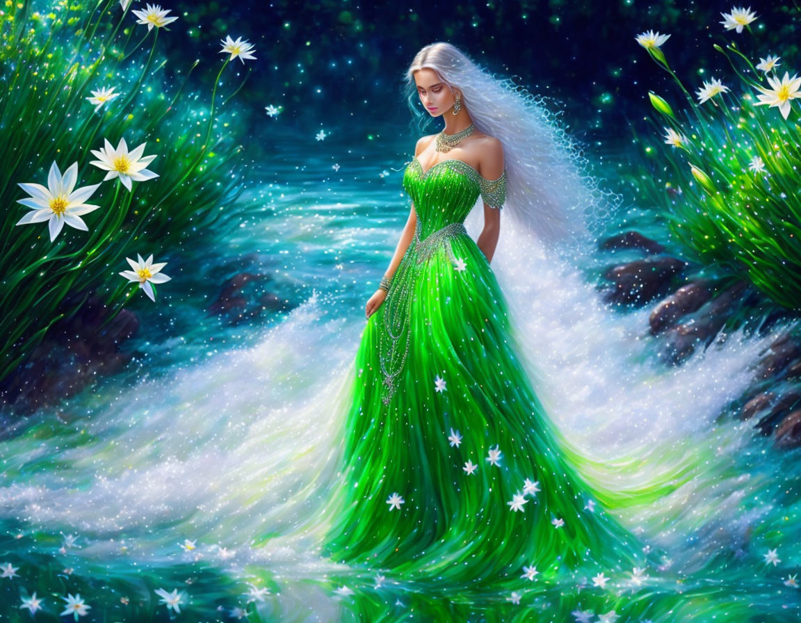 Fantasy illustration: Woman in green dress in starlit water garden