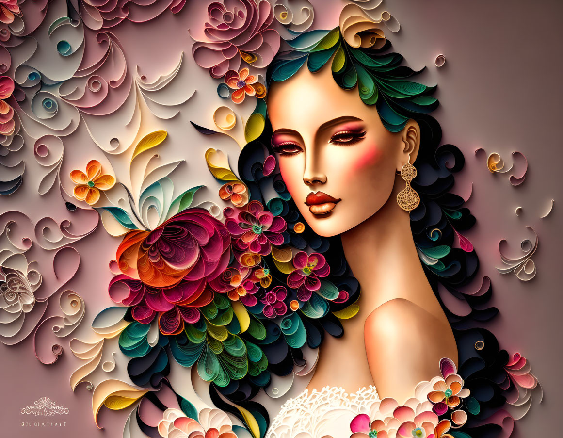 Colorful digital artwork of a woman with floral hair and ornate background