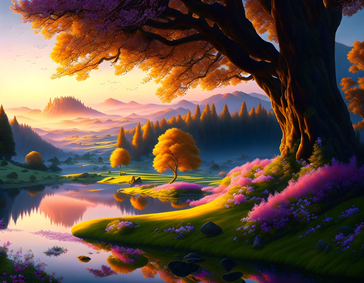 Colorful sunrise landscape with lush trees, meadows, lake, and hills