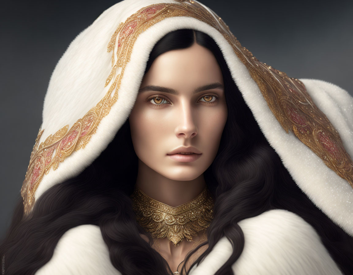 Dark-haired woman in white hood with gold details and ornate necklace