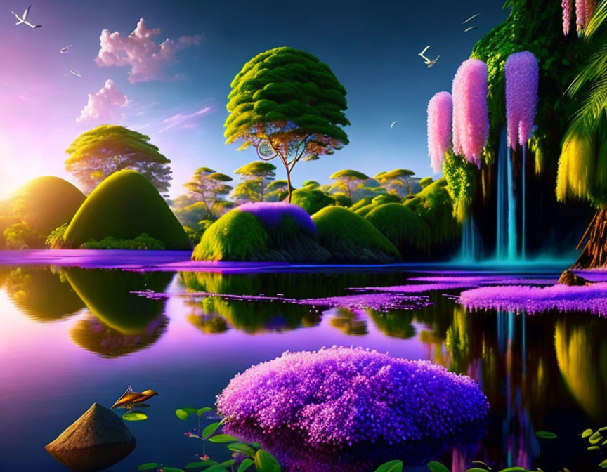 Fantastical landscape with green hills, purple trees, lake, boat, and twilight sky